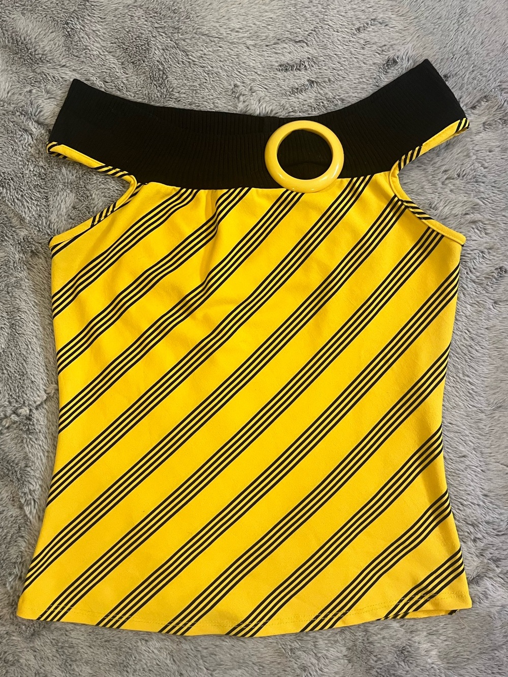 Yellow and Black Diagonal Stripe Off-Shoulder Top with Ring Accent